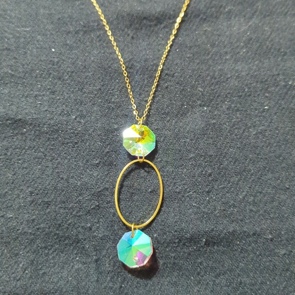 Gold Tone Oval Clear Faceted Crystal Dangle Pendant Statement Necklace